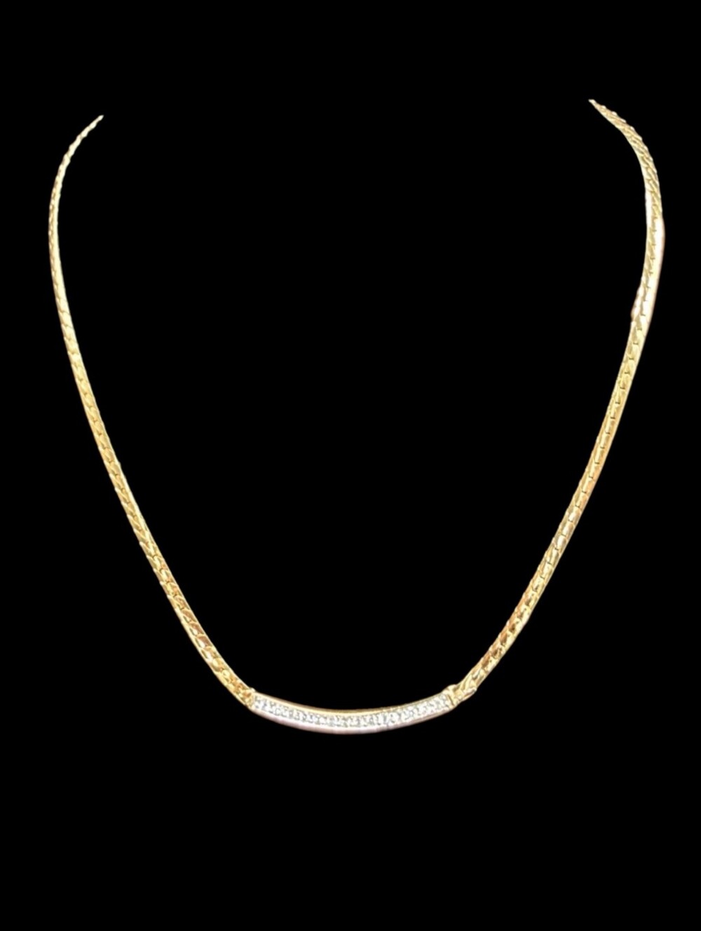 Vintage 1980s Monet Gold Tone Rhinestone Herringbone Necklace 16.5"